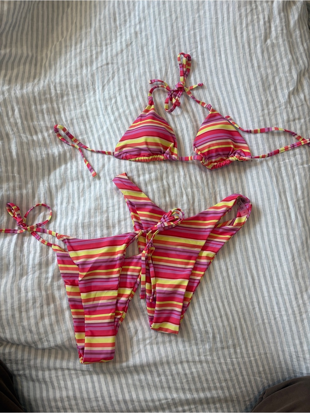 Striped Pink Yellow Multicolor Tie Bikini Set